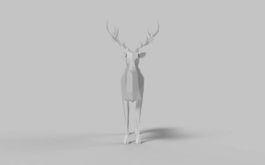 Low poly polygonal animal deer in grey white colour on solid background advertisement ready with free space for text front camera view 3d rendering image