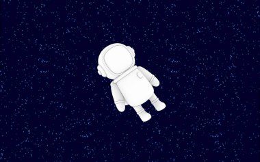 Composition of cartoon line drawing style astronaut spaceman character diving in free space on stars background deep slow motion near strange planets front view 3d rendering image