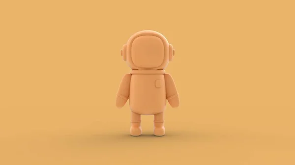 Isolated yellow astronaut character in space suit standing alone with empty space for advertisement ready to use 3d rendering image front camera view