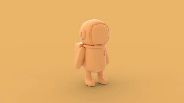 Isolated yellow astronaut character in space suit standing alone with empty space for advertisement ready to use 3d rendering image isometric front camera view