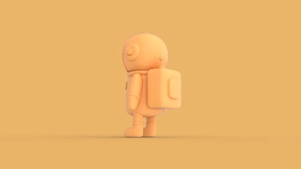 Isolated yellow astronaut character in space suit standing alone with empty space for advertisement ready to use 3d rendering image perspective back side camera view