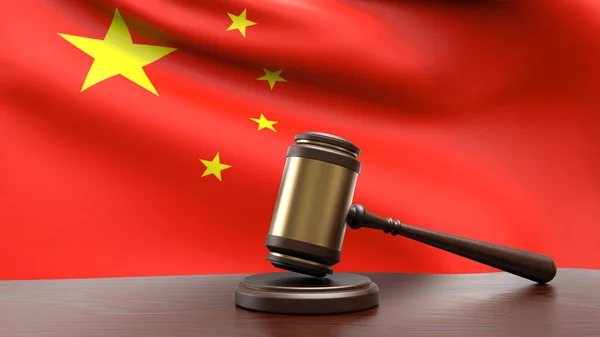 China country national flag with judge gavel hammer on court desk concept of constitutional law and justice based on wood desk table 3d rendering image