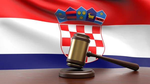 基于木桌表3D图像的法院案头宪法和司法概念上印有法官Gavel Hammer的克罗地亚国旗 — 图库照片