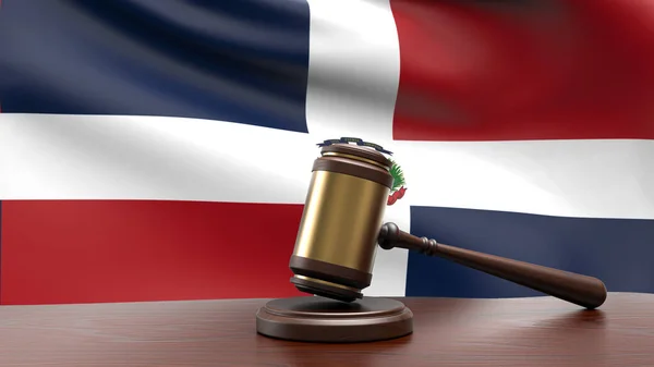 Dominik Cumhuriyeti Ulusal Bayrağı Mahkeme Masasında Duran Yargıç Tokmak Çekiçli — Stok fotoğraf