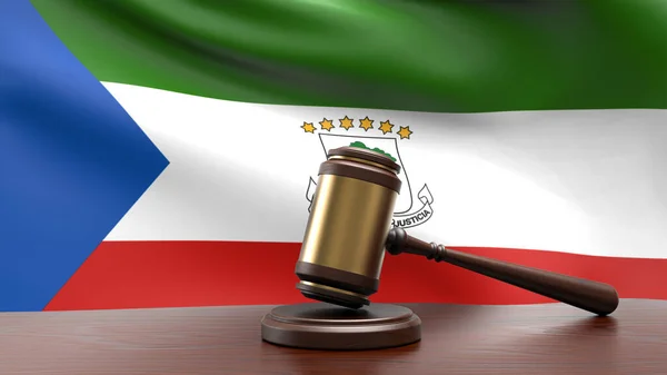 Equatorial Guinea country national flag with judge gavel hammer on court desk concept of constitutional law and justice based on wood desk table 3d rendering image