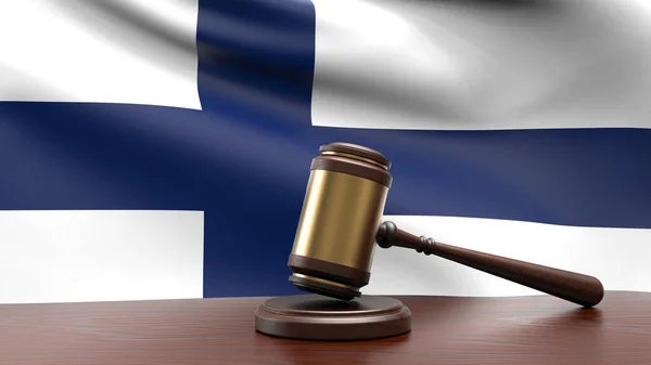 Finlandiya Ulusal Bayrağı Mahkeme Masasında Yargıç Tokmağı Çekiçle Anayasa Hukuku — Stok fotoğraf