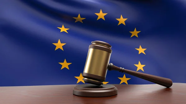 Europe Union country national flag with judge gavel hammer on court desk concept of constitutional law and justice based on wood desk table 3d rendering image