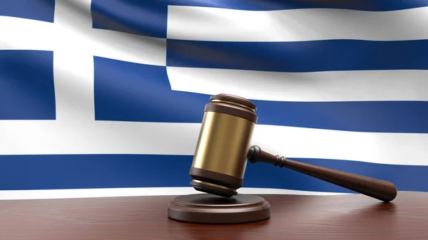 Grécia País Bandeira Nacional Com Martelo Juiz Martelo Mesa Tribunal — Fotografia de Stock