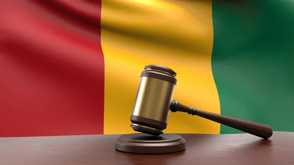 Guinea country national flag with judge gavel hammer on court desk concept of constitutional law and justice based on wood desk table 3d rendering image