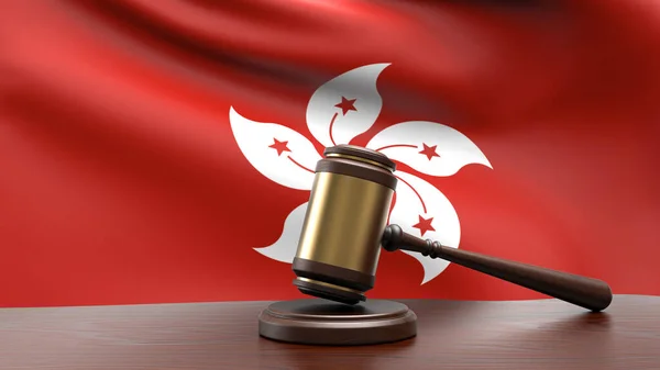 Hong Kong country national flag with judge gavel hammer on court desk concept of constitutional law and justice based on wood desk table 3d rendering image