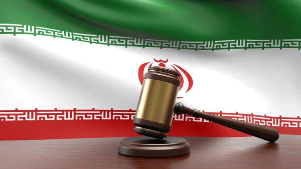 stock image Iran country national flag with judge gavel hammer on court desk concept of constitutional law and justice based on wood desk table 3d rendering image