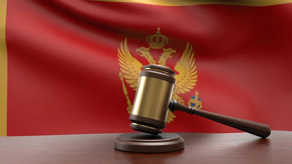 Karadağ Ulusal Bayrağı Mahkeme Masasında Yargıç Tokmağı Çekiçle Anayasa Hukuku — Stok fotoğraf