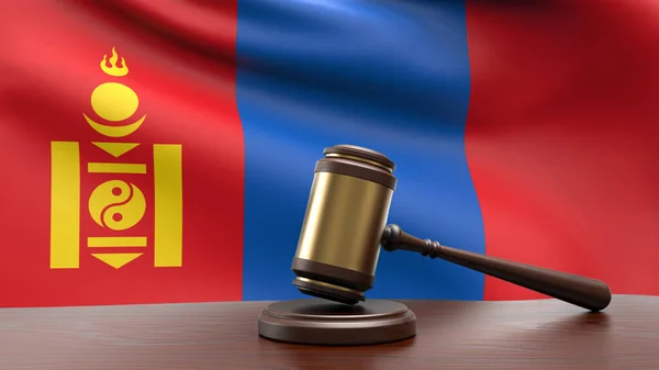 Mongoliet Land Nationell Flagga Med Domare Klubba Domstol Skrivbord Begreppet — Stockfoto