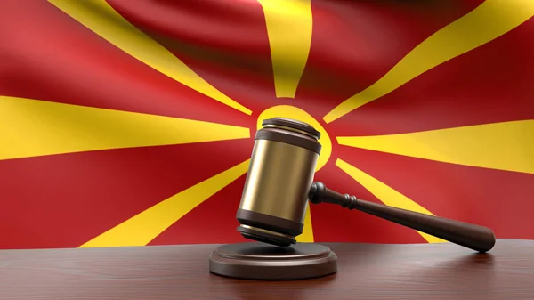 Norra Makedonien Land Nationell Flagga Med Domare Klubba Domstol Skrivbord — Stockfoto