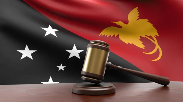 Papua New Guinea country national flag with judge gavel hammer on court desk concept of constitutional law and justice based on wood desk table 3d rendering image