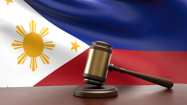 Anayasa hukuku ve adalet kavramının 3 boyutlu ahşap masa görüntüsüne dayandığı yargıç tokmak çekiciyle Filipinler 'in ulusal bayrağı