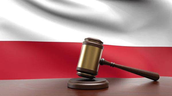 Poland country national flag with judge gavel hammer on court desk concept of constitutional law and justice based on wood desk table 3d rendering image