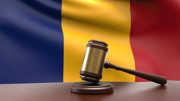 Rumänien Land Nationell Flagga Med Domare Klubba Domstol Skrivbord Begreppet — Stockfoto