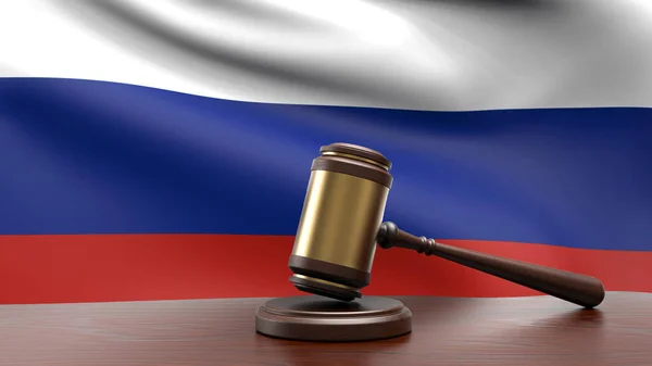 Stock image Russia country national flag with judge gavel hammer on court desk concept of constitutional law and justice based on wood desk table 3d rendering image