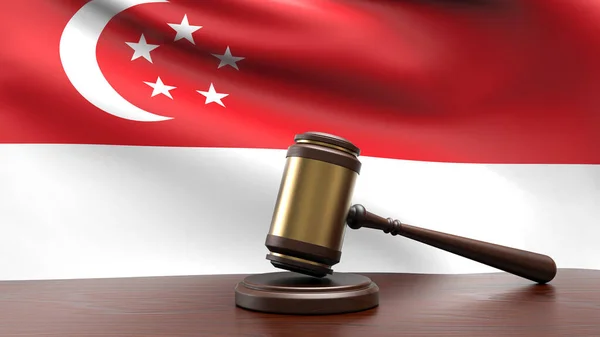 Singapur Ulusal Bayrağı Mahkeme Masasında Duran Yargıç Tokmak Çekiçli Anayasa — Stok fotoğraf