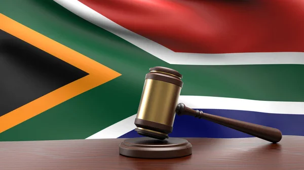 South Africa country national flag with judge gavel hammer on court desk concept of constitutional law and justice based on wood desk table 3d rendering image
