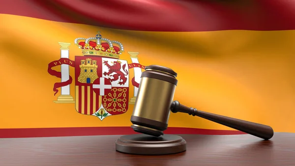 Bandera Nacional Del País España Con Martillo Juez Martillo Escritorio — Foto de Stock