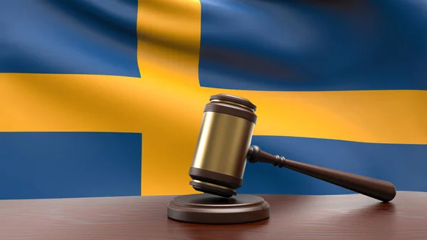 Sverige Land Nationalt Flag Med Dommer Hammer Retten Skrivebord Begrebet - Stock-foto