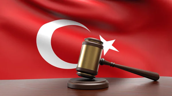 Turkey country national flag with judge gavel hammer on court desk concept of constitutional law and justice based on wood desk table 3d rendering image