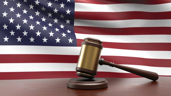 United States of America country national flag with judge gavel hammer on court desk concept of constitutional law and justice based on wood desk table 3d rendering image
