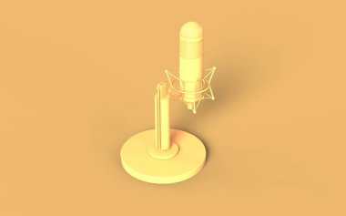 Simge simgesi sarı katı renkli eski model mikrofon ses hoparlörü podcast yayın ekipmanı 3d görüntüyü sol perspektif görünümüne geri döndürür