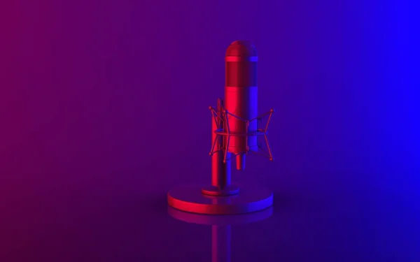 奢华的霓虹灯风格的红色 蓝色和紫色的音响设备复古复古旧派音响设备公共谈话3D渲染图像离开透视 — 图库照片