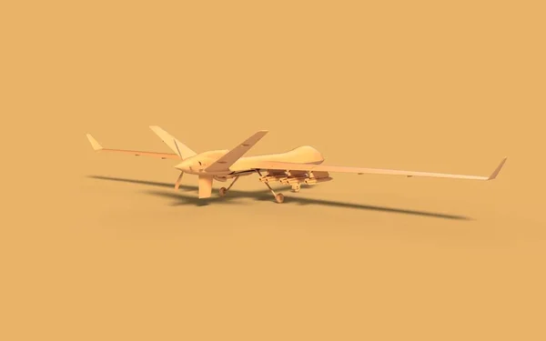 Military surveillance combat air drone predator with rocket for spy and defence yellow solid colour concept symbol industrial war usage 3d rendering image left back perspective view