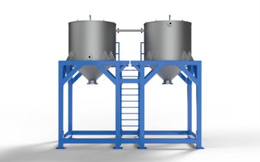 Gerçekçi gıda endüstrisi yağ depolama tankı sıvı ürün, çelik boru tesisatı endüstriyel ekipman kimyasal teknoloji beyaz arka kamerada izole edilmiş görüntü