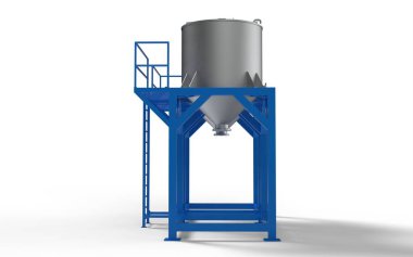 Gerçekçi gıda endüstrisi yağ depolama tankı sıvı ürün, çelik boru tesisatı endüstriyel ekipman kimyasal teknoloji beyaz sol kamerada izole görüntüleme