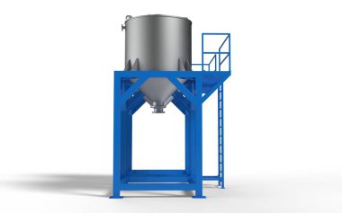 Gerçekçi gıda endüstrisi yağ depolama tankı sıvı ürün, çelik boru tesisatı endüstriyel ekipman kimyasal teknoloji beyaz sağ kamerada izole görüntüleme