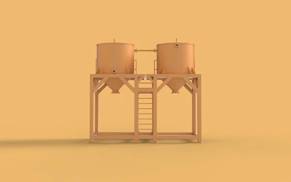 コンセプト黄色のアイコンスタイルの油鋼発酵貯蔵バットパイプ工場風景と液体生産タンク製造バックビュー3Dレンダリングイメージ — ストック写真