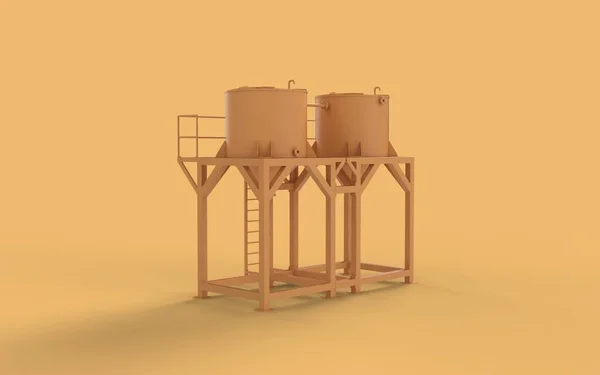 コンセプト黄色のアイコンスタイルの油鋼発酵貯蔵バットパイプ工場風景と液体生産タンク製造バック右視点ビュー3Dレンダリングイメージ — ストック写真