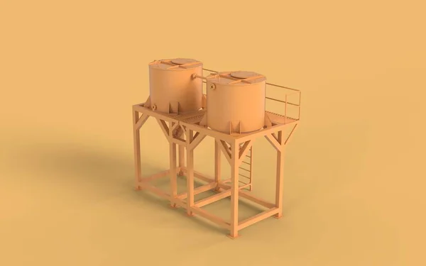 概念黄色图标型油钢发酵储罐带管厂景观的液体生产罐后视镜3D渲染图像 — 图库照片
