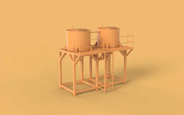 コンセプト黄色のアイコンスタイルの油鋼発酵貯蔵バットパイプ工場風景と液体生産タンク製造フロント左視点3Dレンダリングイメージを表示 — ストック写真