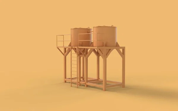 コンセプト黄色のアイコンスタイルの油鋼発酵貯蔵バットパイプ工場風景と液体生産タンク製造フロント右視点ビュー3Dレンダリングイメージ — ストック写真