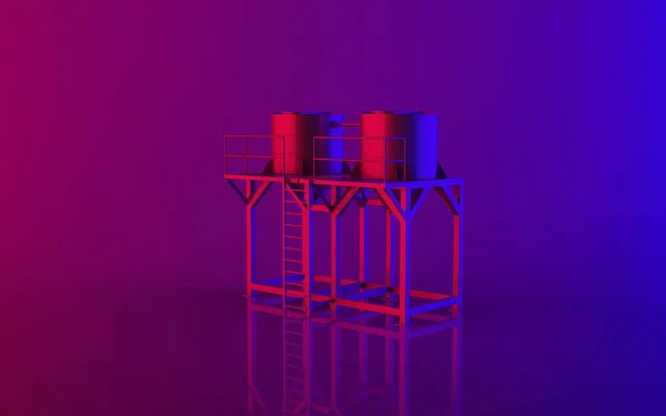 奢华逼真的霓虹灯浅红色和紫色的食用油农业存储电梯农场模板筒仓金属生产3D渲染图像等距左视图 — 图库照片