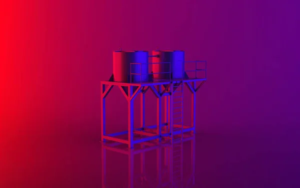 奢华逼真的霓虹灯浅红紫两色食用油农业存储电梯农场模板筒仓金属生产3D渲染图像等距右视图 — 图库照片