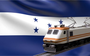 Honduras ulusal bayrağı hızlı trenlerle demiryolu lokomotifi turistlerin seyahat yolu uluslararası seyahat altyapı konsepti 3D görüntü oluşturma
