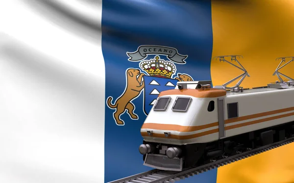Kanarieöarna Land Nationell Flagga Med Snabbtåg Järnväg Lok Turist Resa — Stockfoto