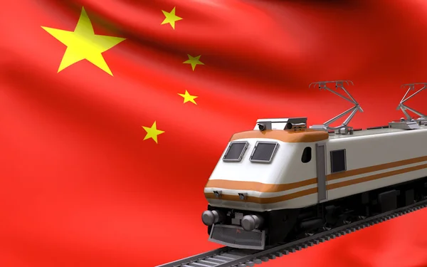 People\'s Republic of China country national flag with speed trains railroad locomotive tourist traveling path international journey infrastructure concept 3d rendering image