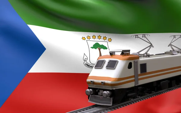 Equatorial Guinea country national flag with speed trains railroad locomotive tourist traveling path international journey infrastructure concept 3d rendering image