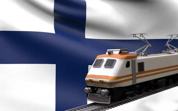 Hızlı Trenli Finlandiya Ulusal Bayrağı Demiryolu Lokomotifi Turistlerin Seyahat Yolu — Stok fotoğraf