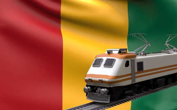 Guinea country national flag with speed trains railroad locomotive tourist traveling path international journey infrastructure concept 3d rendering image