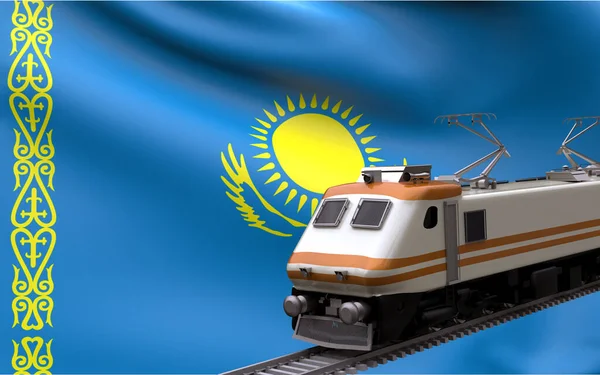 Kazakistan Ulusal Bayrağı Hızlı Trenlerle Demiryolu Lokomotifi Turistlerin Seyahat Yolu — Stok fotoğraf