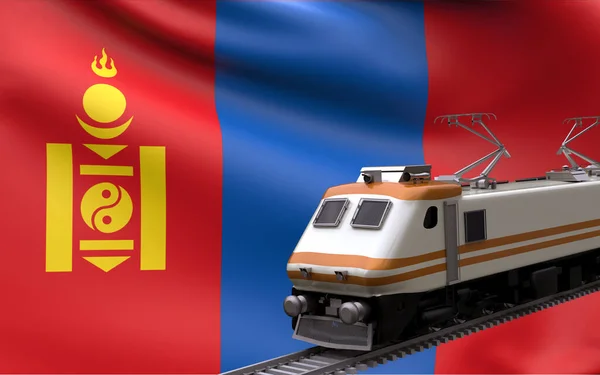Hızlı Trenli Moğolistan Bayrağı Demiryolu Lokomotifi Turistlerin Seyahat Yolu Uluslararası — Stok fotoğraf
